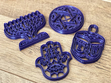 Load image into Gallery viewer, Set of 4 Cookie Cutters & Molds Hamsa, Magen David, (David's Star) Hanukkah (Menorah) Savivon (Dradel) 4.5"