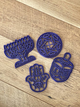 Load image into Gallery viewer, Set of 4 Cookie Cutters & Molds Hamsa, Magen David, (David's Star) Hanukkah (Menorah) Savivon (Dradel) 4.5"