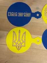 Load image into Gallery viewer, SUPPORT UKRAINE Set of 4 Stencils for Pancakes, Bread, Cappuccino, Hot Cocoa & Hot Chocolate 3.5-Inch-Scale Produced by 3D Kitchen Art