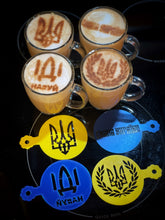 Load image into Gallery viewer, SUPPORT UKRAINE Set of 4 Stencils for Pancakes, Bread, Cappuccino, Hot Cocoa & Hot Chocolate 3.5-Inch-Scale Produced by 3D Kitchen Art