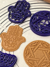 Load image into Gallery viewer, Set of 4 Cookie Cutters & Molds Hamsa, Magen David, (David's Star) Hanukkah (Menorah) Savivon (Dradel) 4.5"