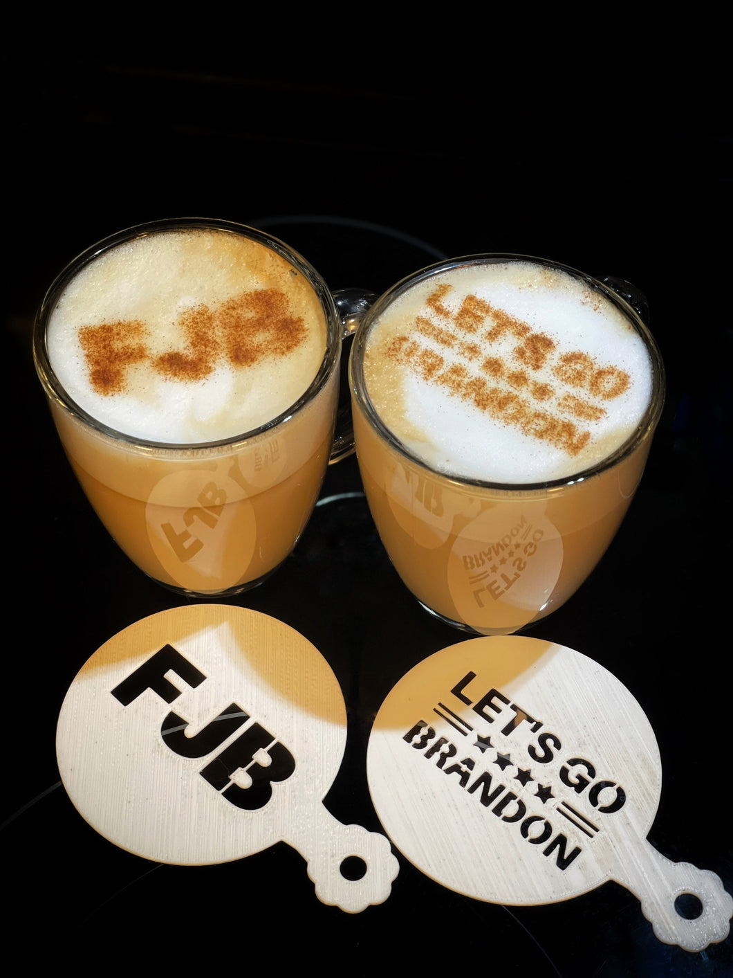 Let’s Go Brandon and FGB Stencils for Cappuccino, Hot Cocoa & Hot Chocolate 3.5-Inch-Scale Produced by 3D Kitchen Art