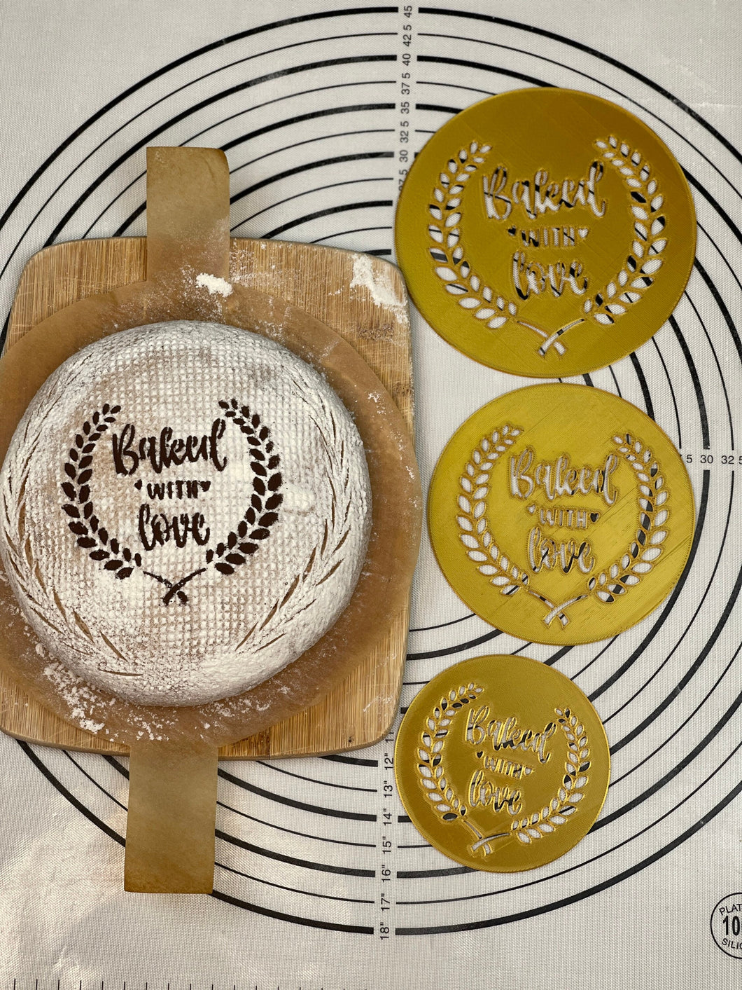 Baked with Love - Set of 3 Artisan Home Baked Bread Stencil Size - S,M,L (4”,5”,6” Inch-Scale) Produced by 3D Kitchen Art